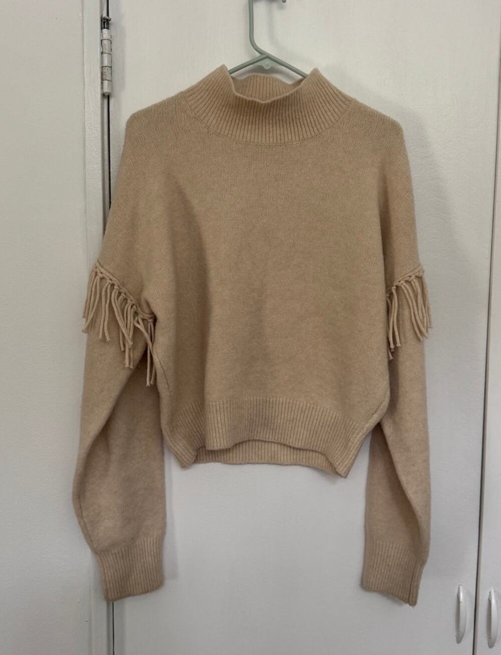 Ronny Kobo Women's Fringe Mock Neck Sweater in Oatmeal Size Large